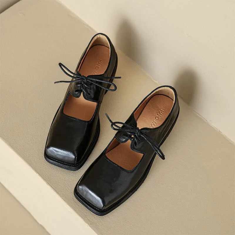 60mm Block Heel Leather Lace Up Mary Jane Shoes Handmade in Black/Brown