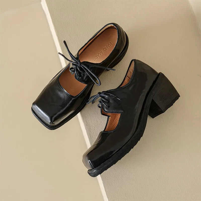 60mm Block Heel Leather Lace Up Mary Jane Shoes Handmade in Black/Brown