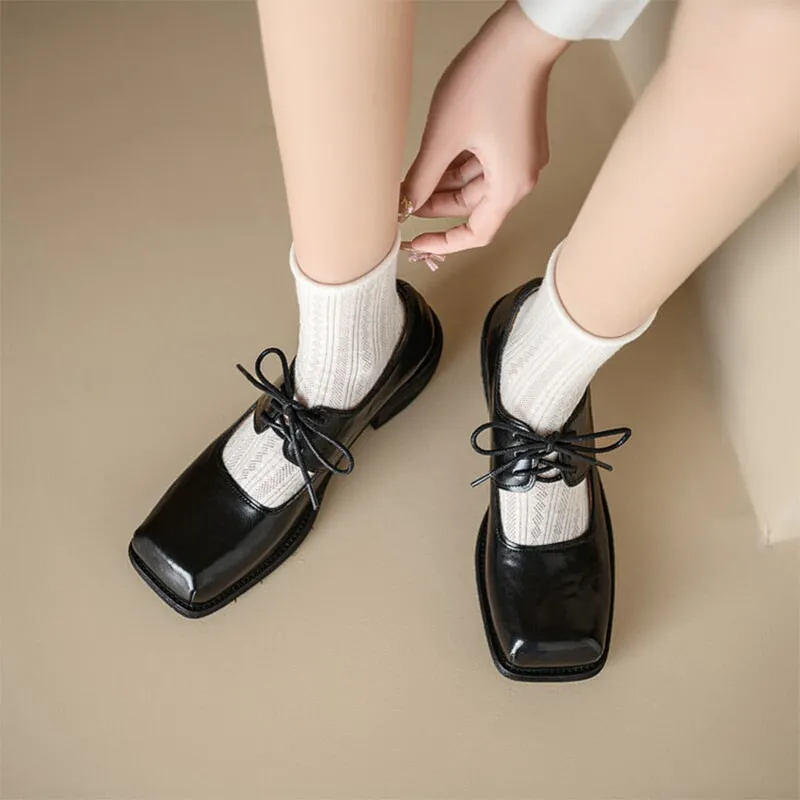 60mm Block Heel Leather Lace Up Mary Jane Shoes Handmade in Black/Brown