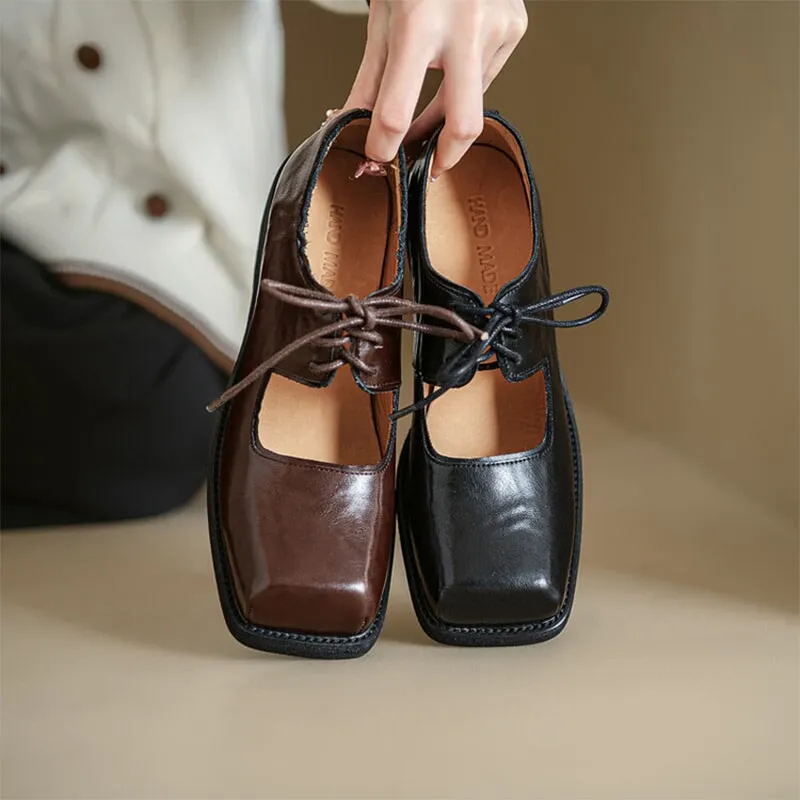 60mm Block Heel Leather Lace Up Mary Jane Shoes Handmade in Black/Brown
