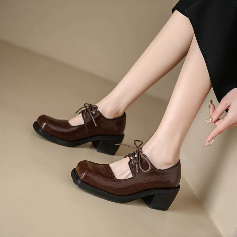 60mm Block Heel Leather Lace Up Mary Jane Shoes Handmade in Black/Brown