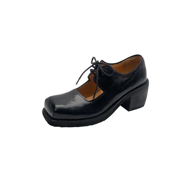 60mm Block Heel Leather Lace Up Mary Jane Shoes Handmade in Black/Brown
