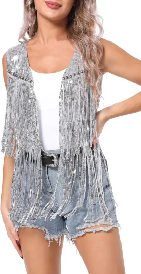 Aivtalk Sequin Tassel Vest for Women Lightweight Sleeveless Sparkly Waistcoat Glitter Fringe Gilet