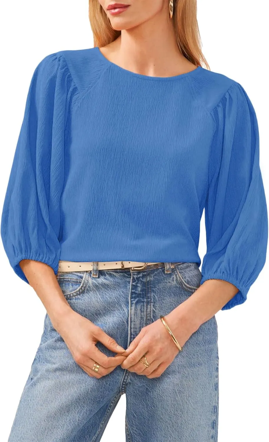 Allimy Women's Puff 3/4 Length Sleeve Dressy Casual Textured Tops and Blouses Dress Shirts