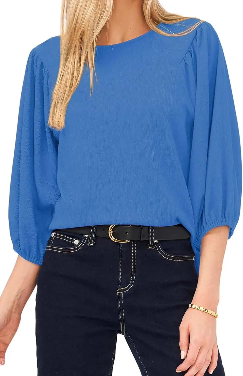 Allimy Women's Puff 3/4 Length Sleeve Dressy Casual Textured Tops and Blouses Dress Shirts