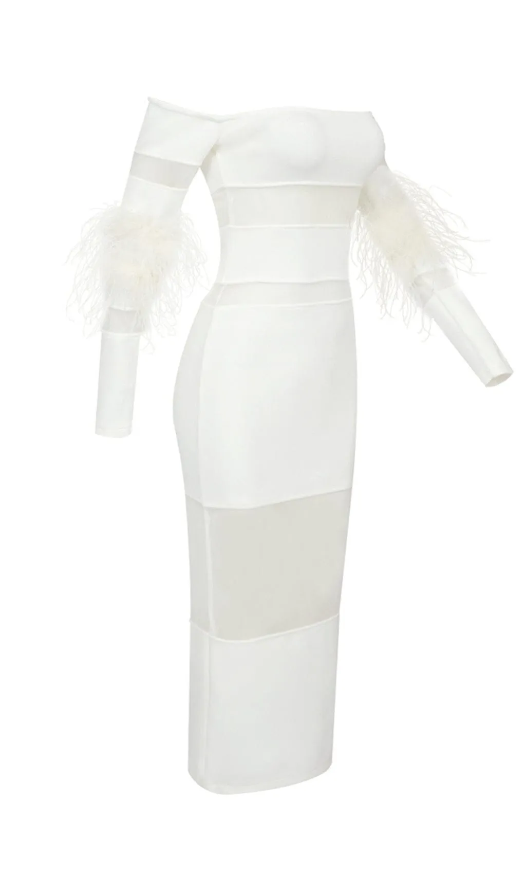 BANDAGE OFF-SHOULDER FEATHER MIDI DRESS IN WHITE