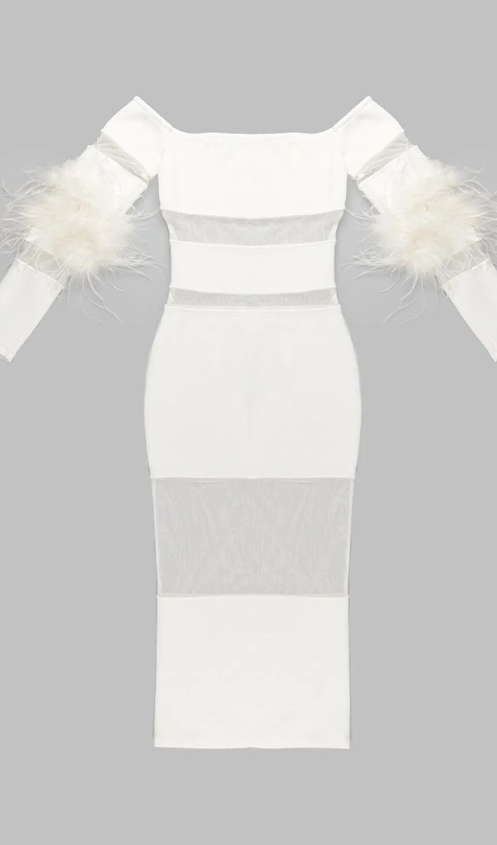 BANDAGE OFF-SHOULDER FEATHER MIDI DRESS IN WHITE