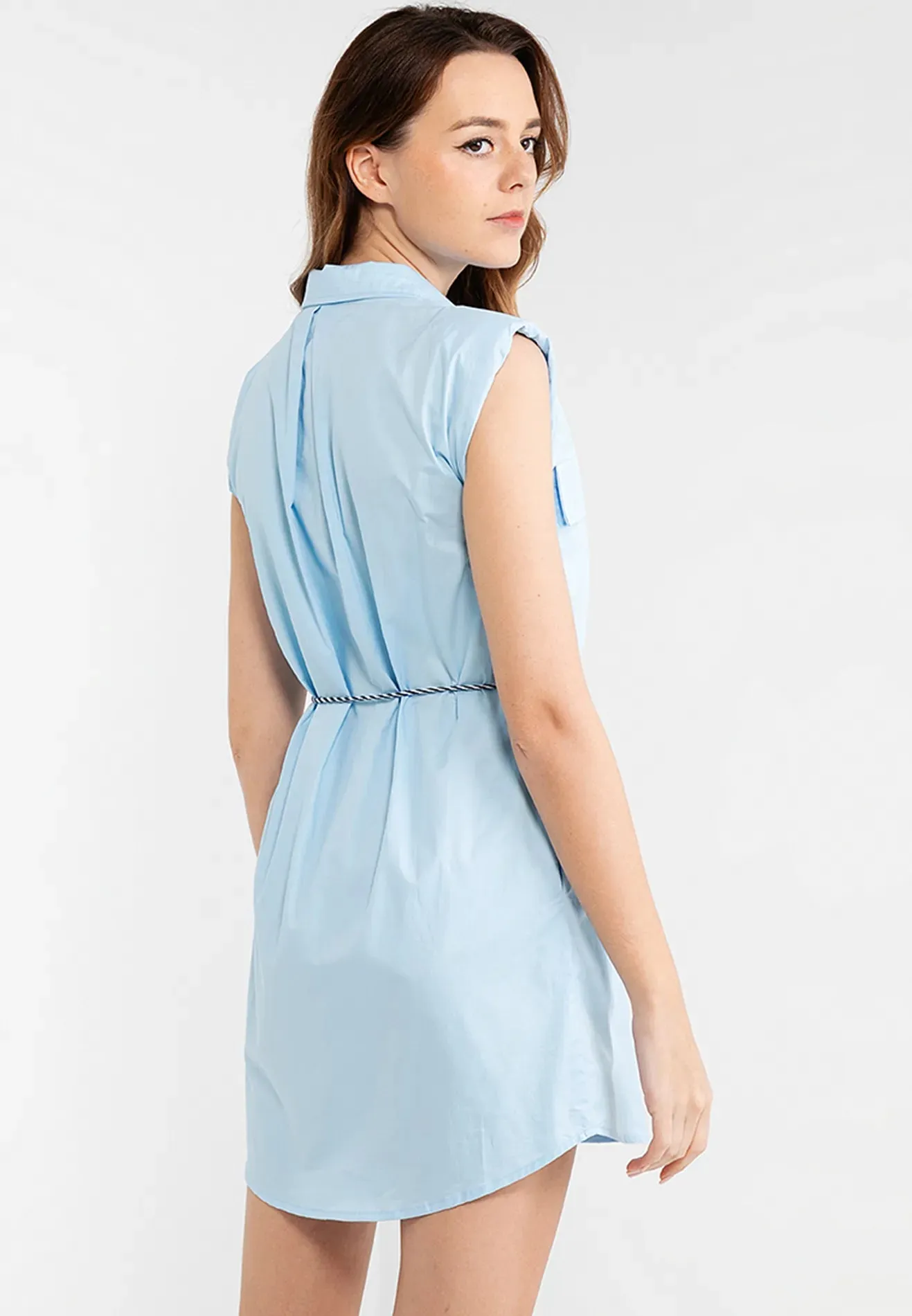 Belted Sleeveless Pocket Mini Shirt Dress