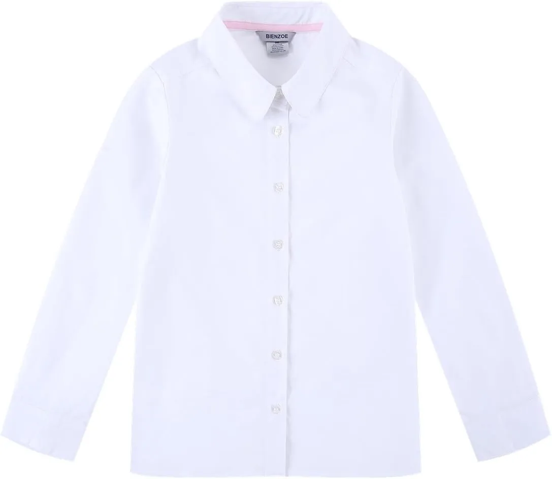 Bienzoe Girls Shirt Long Sleeve: White Button Up Kids School Uniform Cotton Oxford Collared Puff Dress Blouse