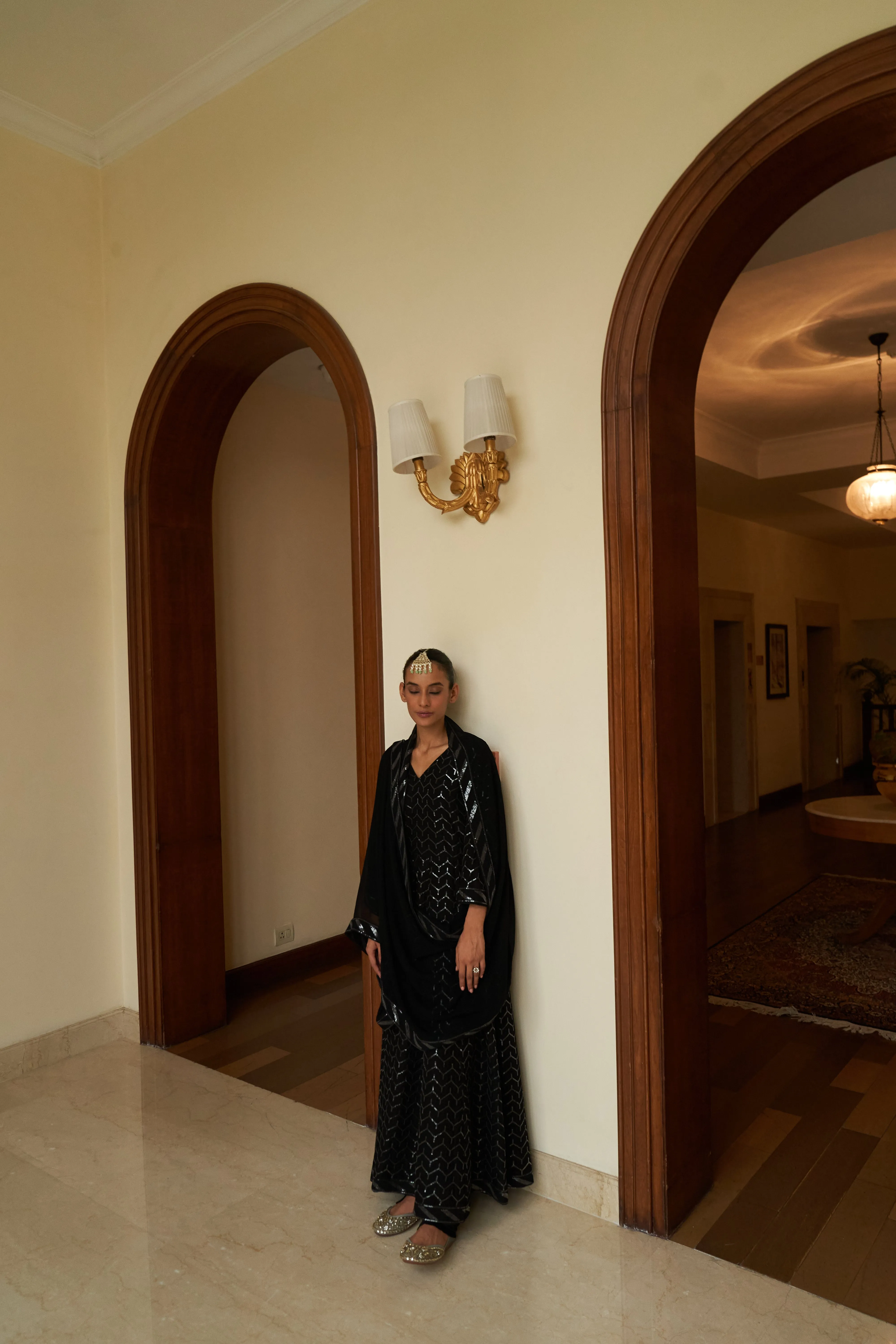 BLACK GEORGETTE ANARKALI SUIT WITH ALLOVER SEQUENCE WORK