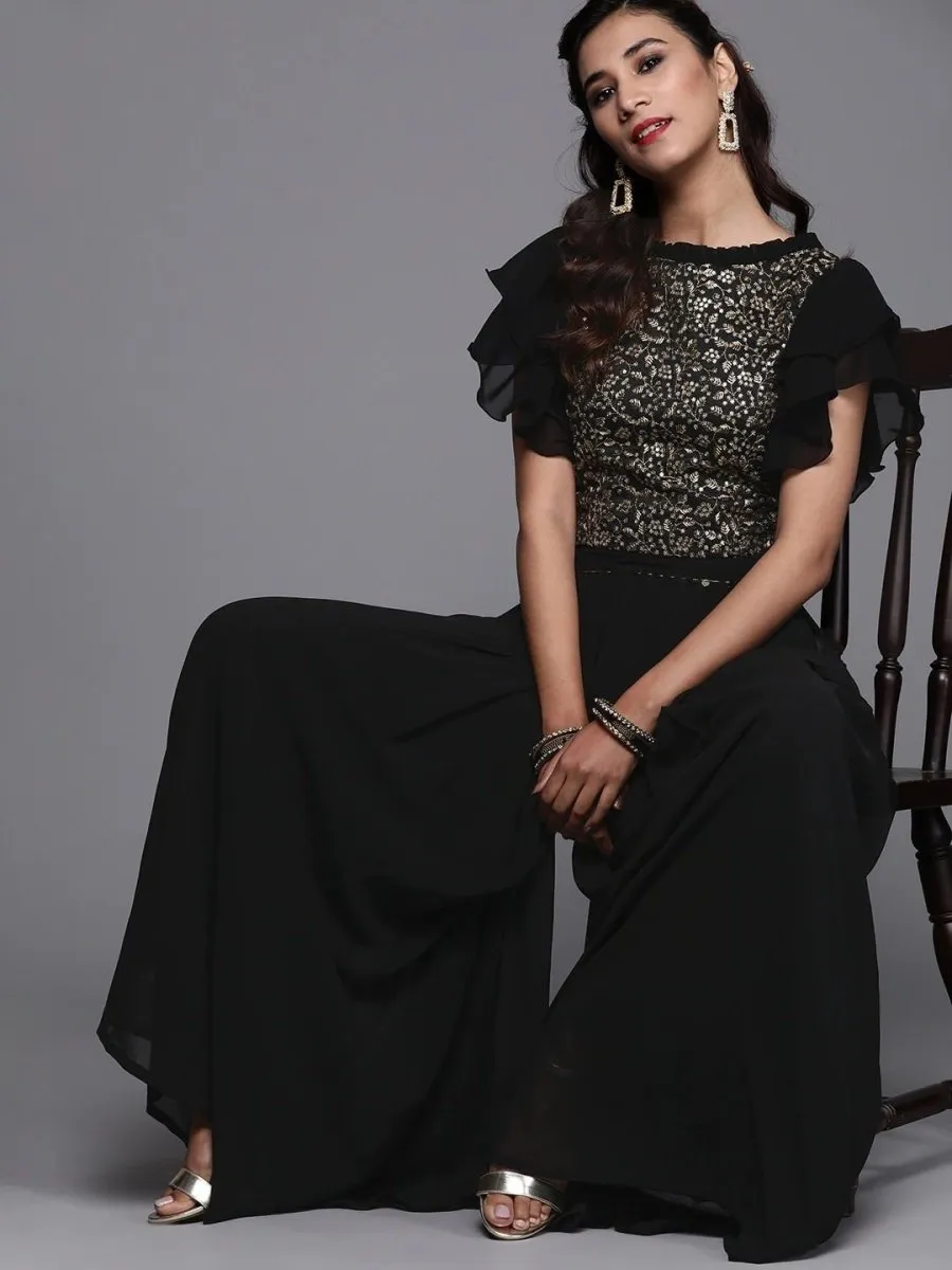 Black Silk Blend Embellished Palazzo Style Suit