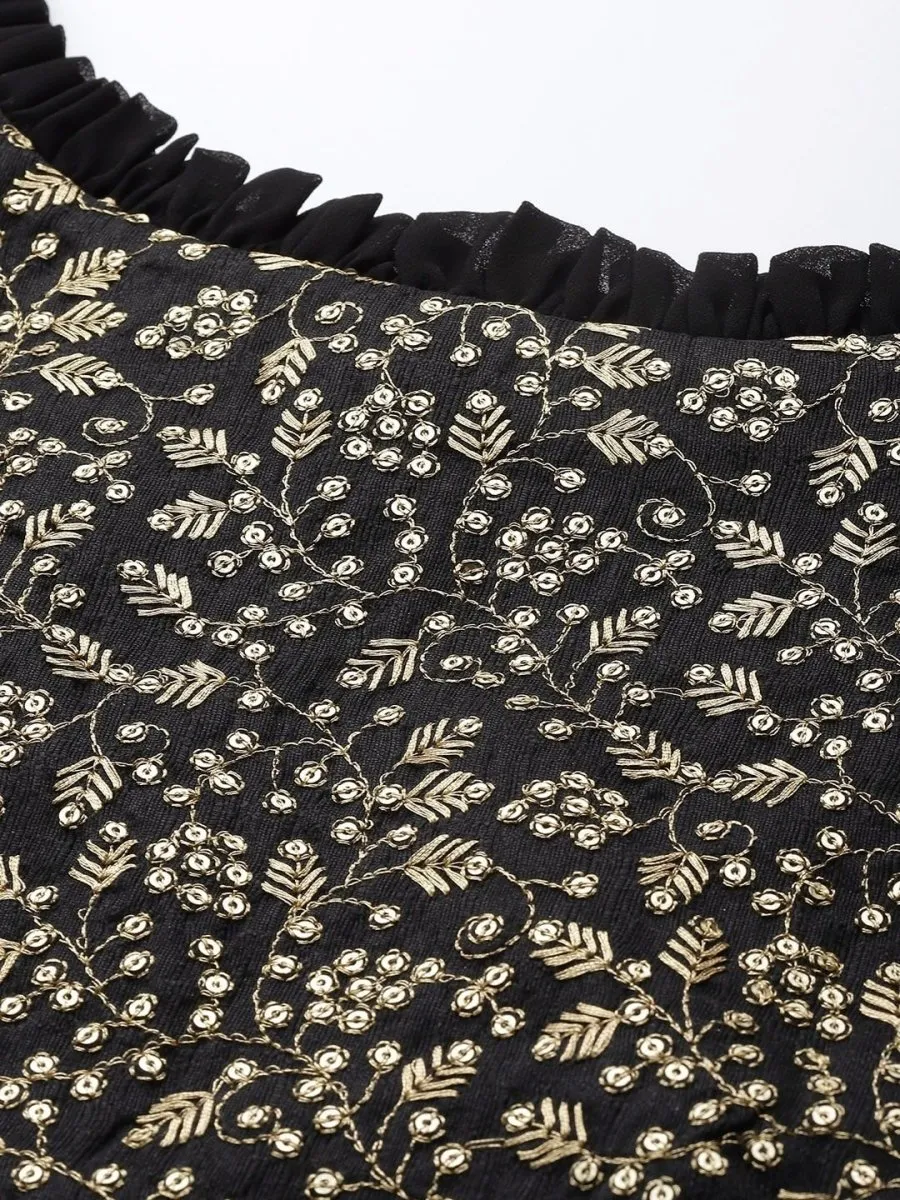 Black Silk Blend Embellished Palazzo Style Suit