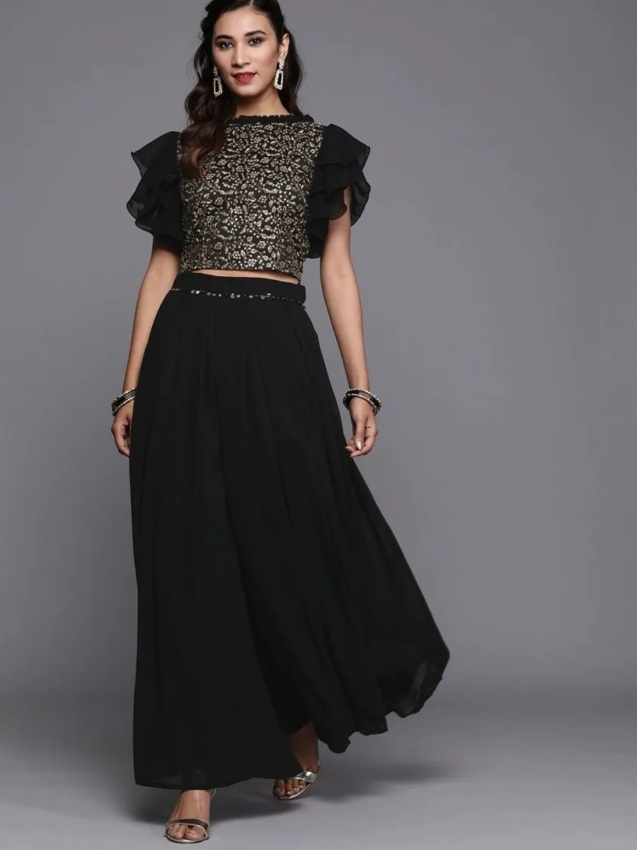 Black Silk Blend Embellished Palazzo Style Suit