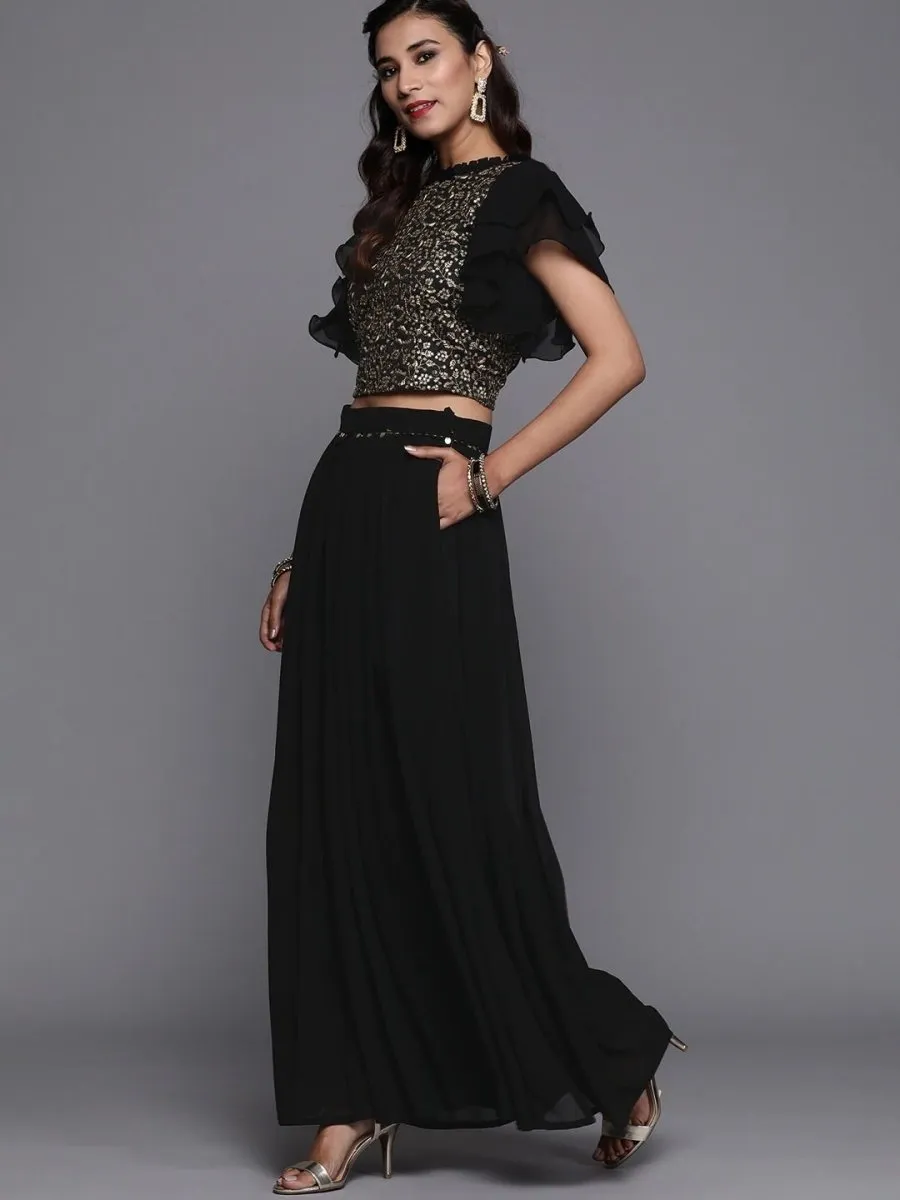 Black Silk Blend Embellished Palazzo Style Suit