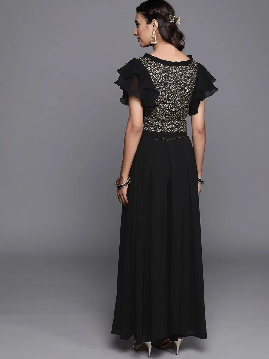 Black Silk Blend Embellished Palazzo Style Suit