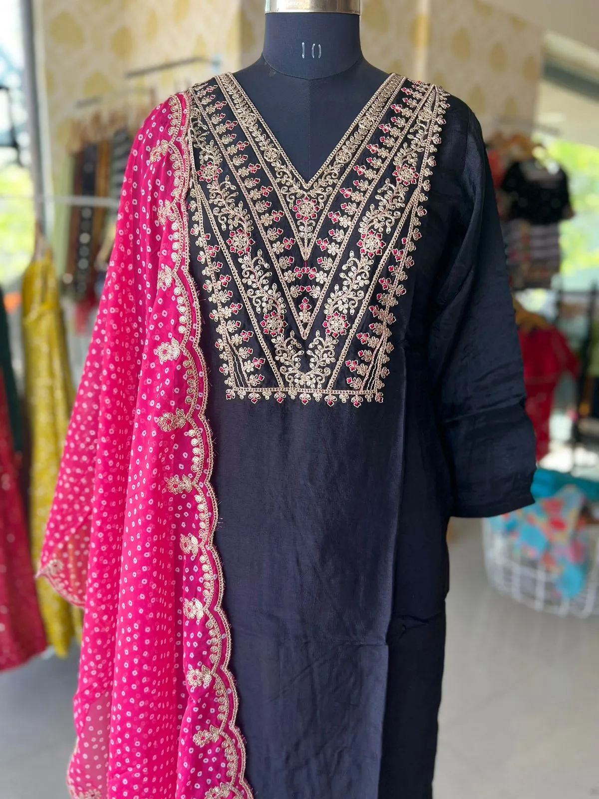 Black silk embroidery 3 piece kurti suit