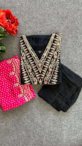 Black silk embroidery 3 piece kurti suit