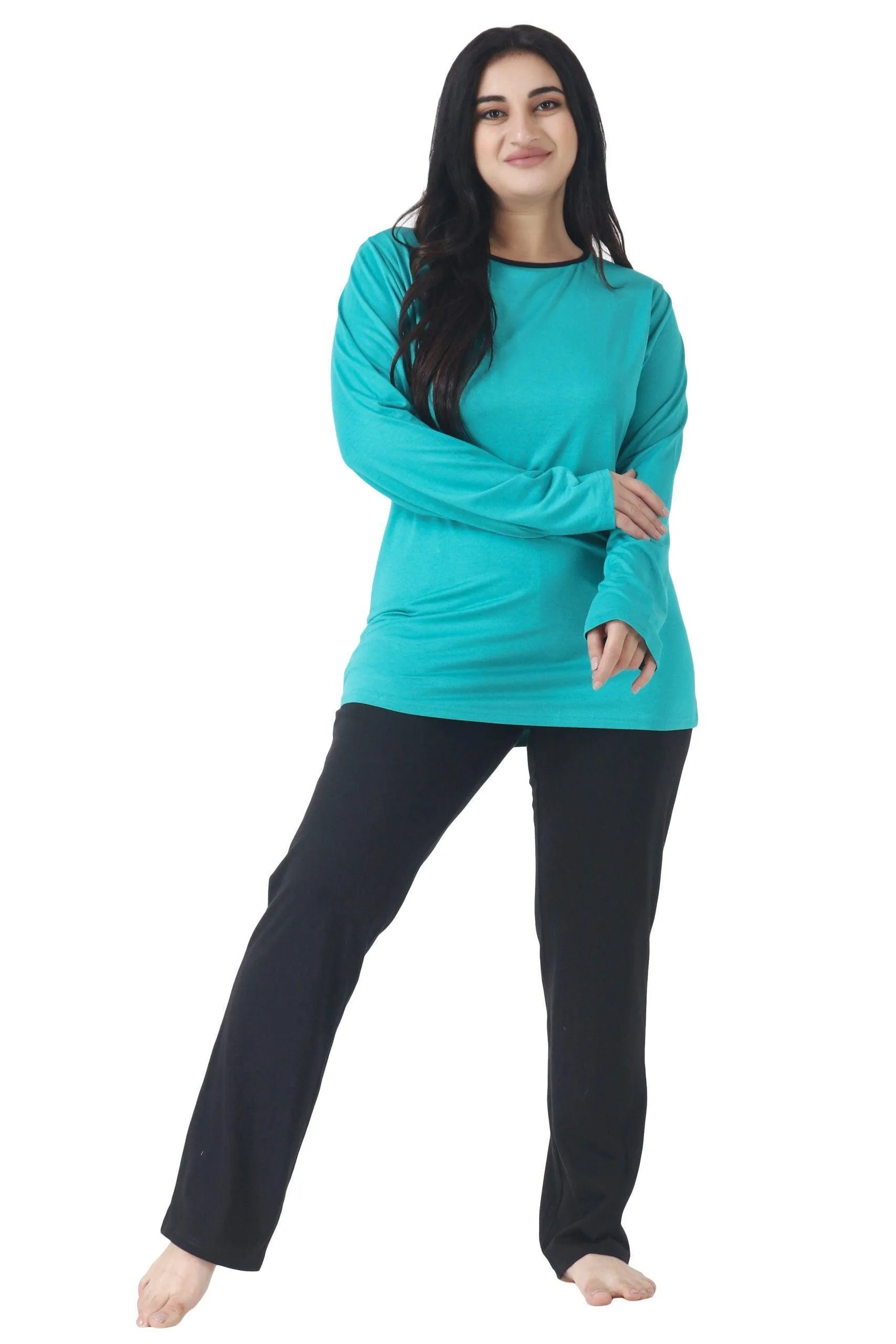 Black Solid Pyjamas with Contrast Top Night Suit Set-Blue & Black