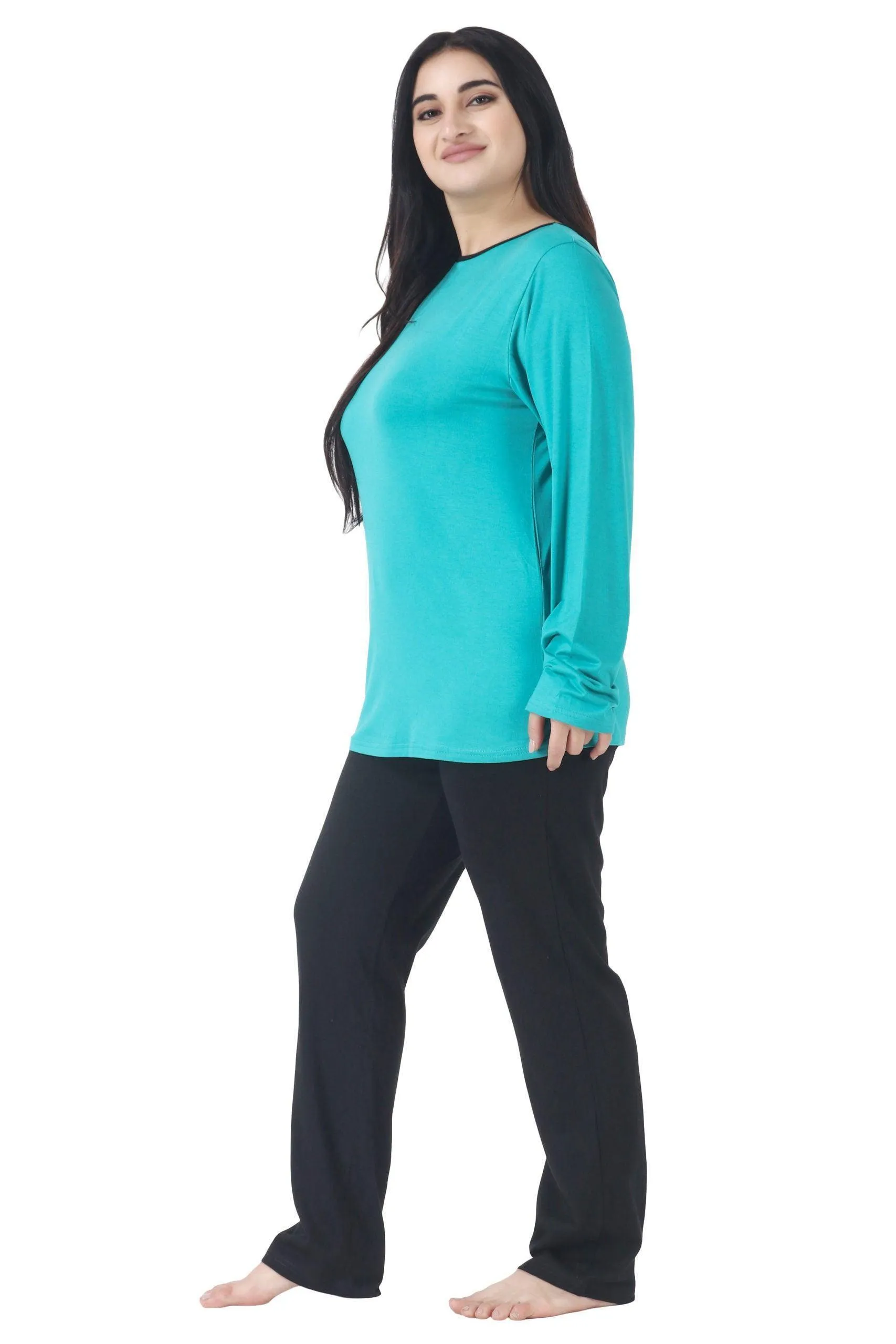 Black Solid Pyjamas with Contrast Top Night Suit Set-Blue & Black