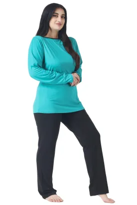 Black Solid Pyjamas with Contrast Top Night Suit Set-Blue & Black