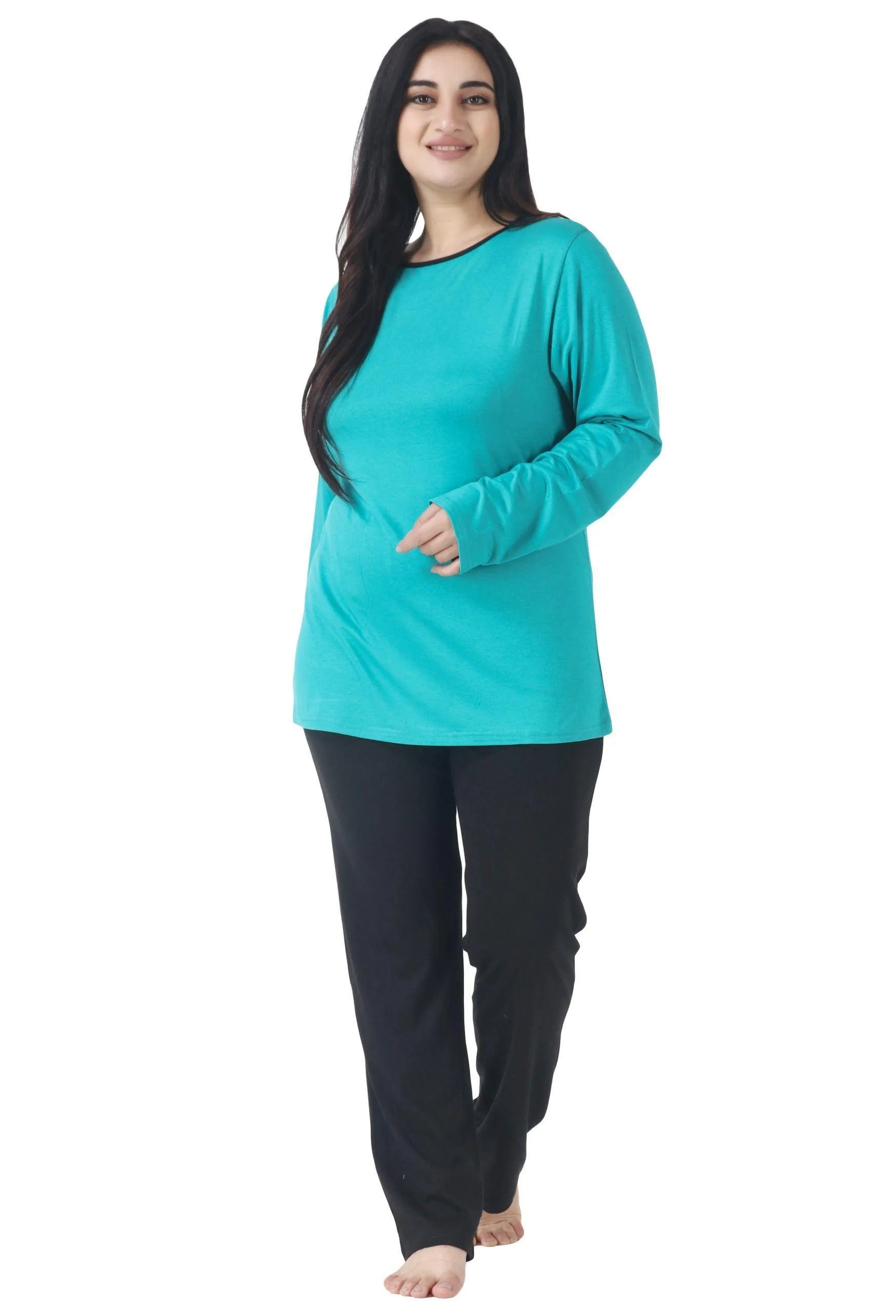 Black Solid Pyjamas with Contrast Top Night Suit Set-Blue & Black