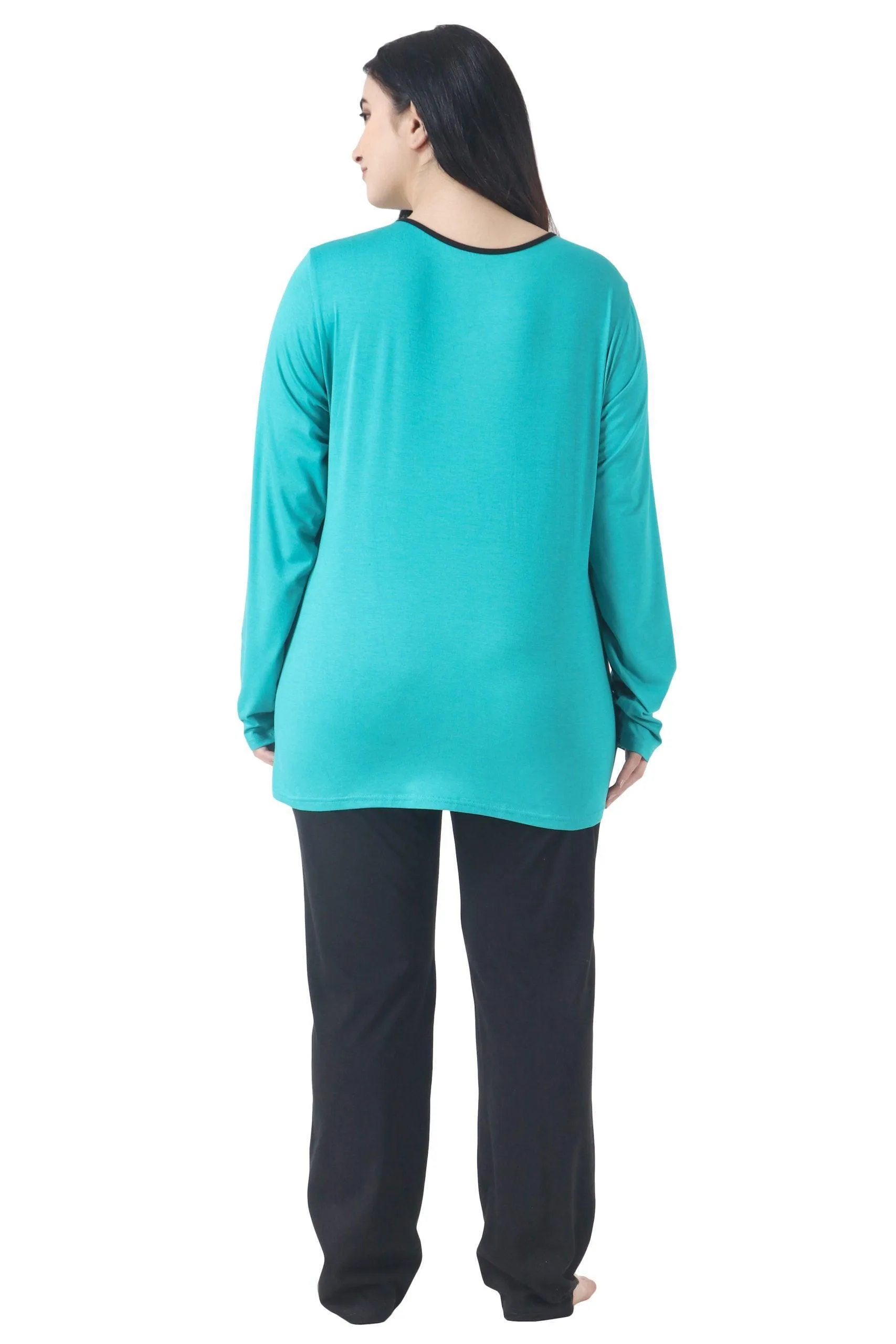 Black Solid Pyjamas with Contrast Top Night Suit Set-Blue & Black