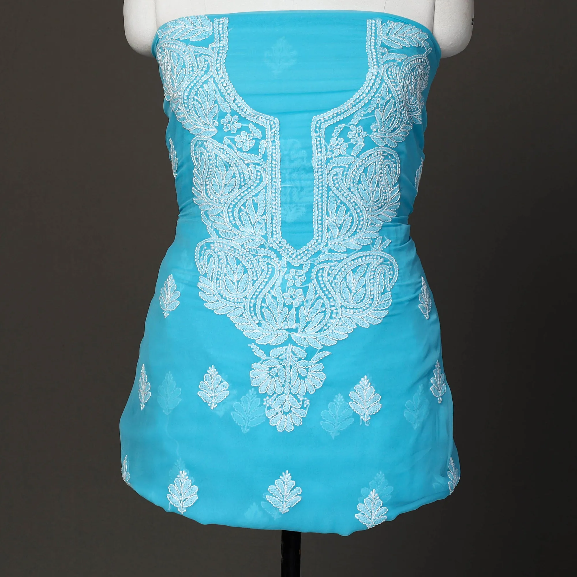 Blue - 3pc Hand Embroidery Georgette Chikankari Dress Material 04