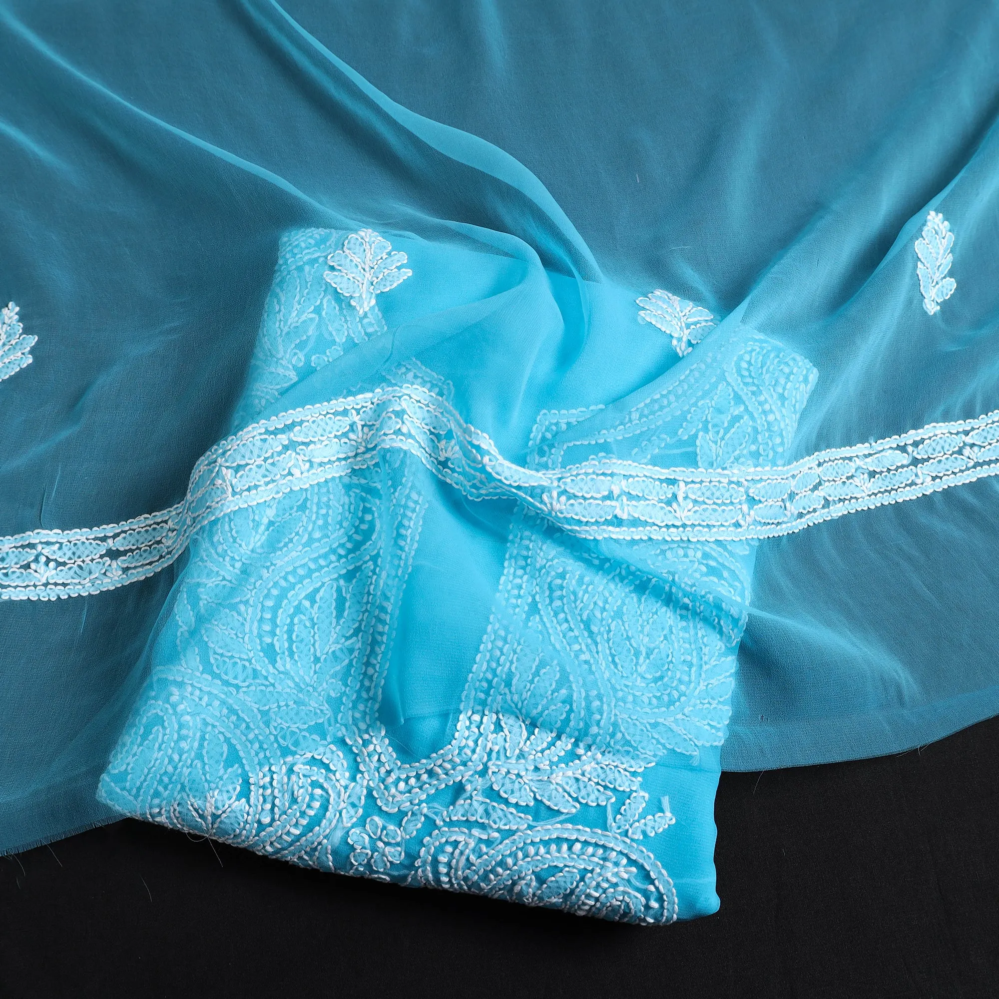 Blue - 3pc Hand Embroidery Georgette Chikankari Dress Material 04