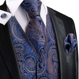 Blue Brown Paisley Jacquard Silk Men's Vest Hanky Cufflinks Tie Set