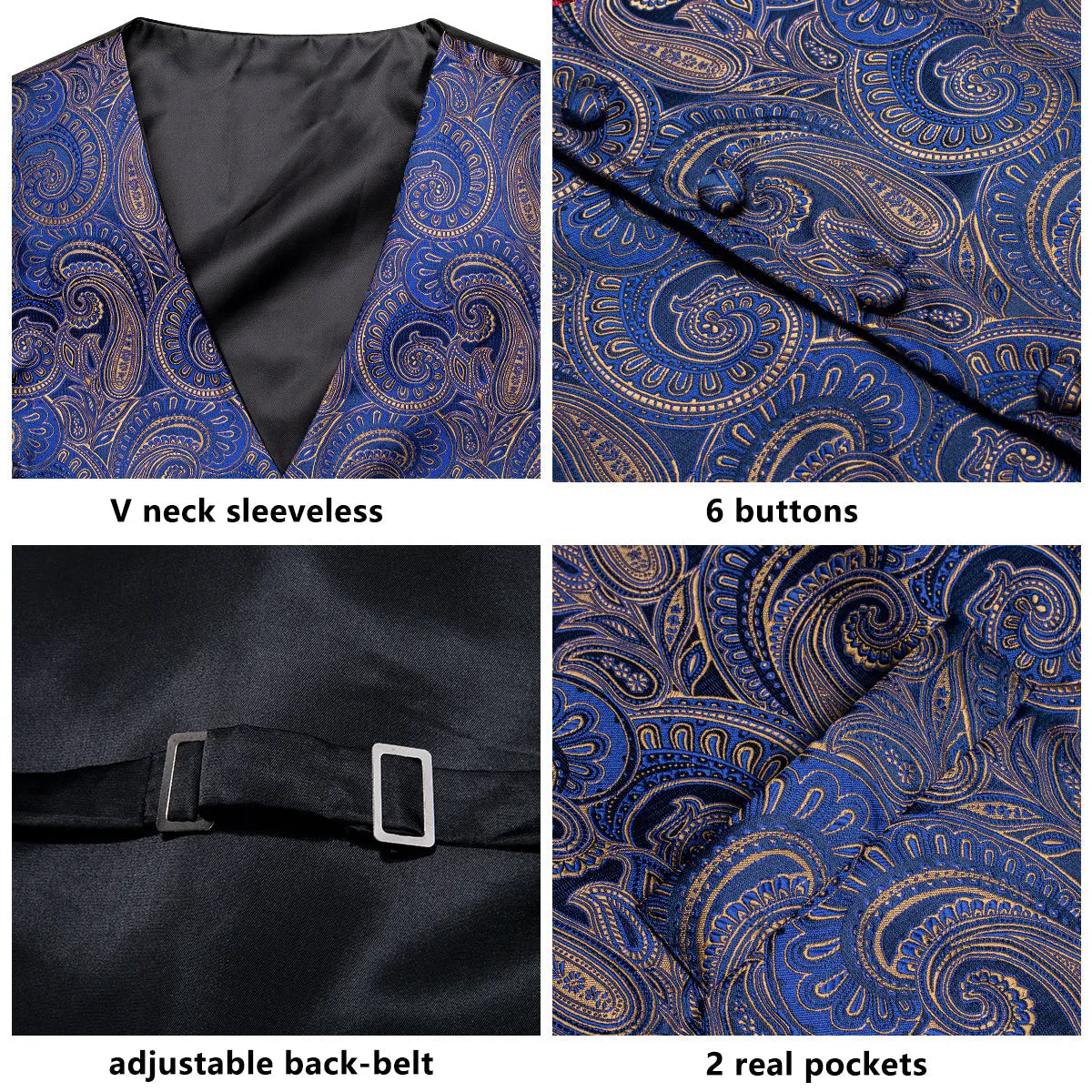 Blue Brown Paisley Jacquard Silk Men's Vest Hanky Cufflinks Tie Set
