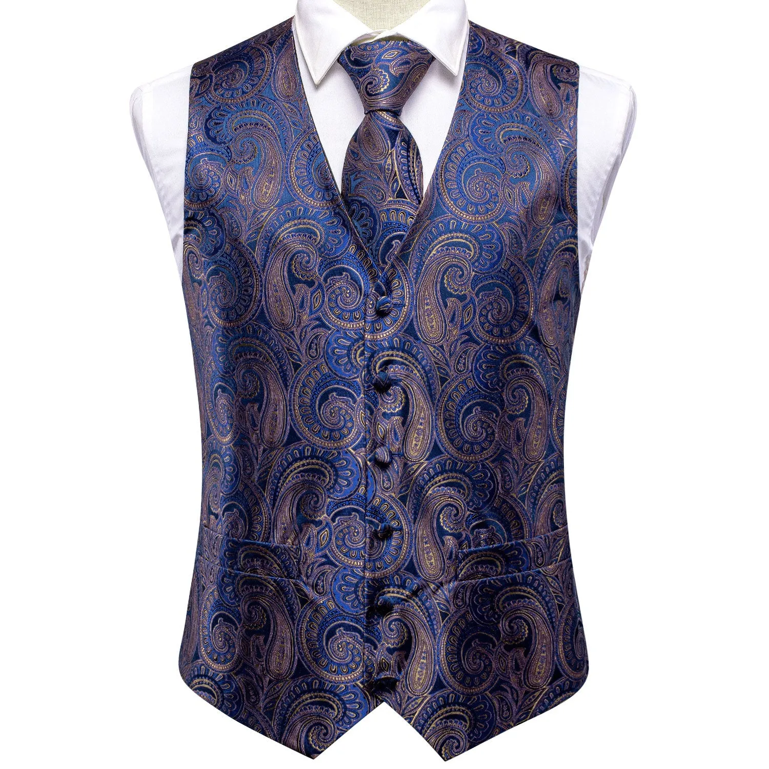 Blue Brown Paisley Jacquard Silk Men's Vest Hanky Cufflinks Tie Set