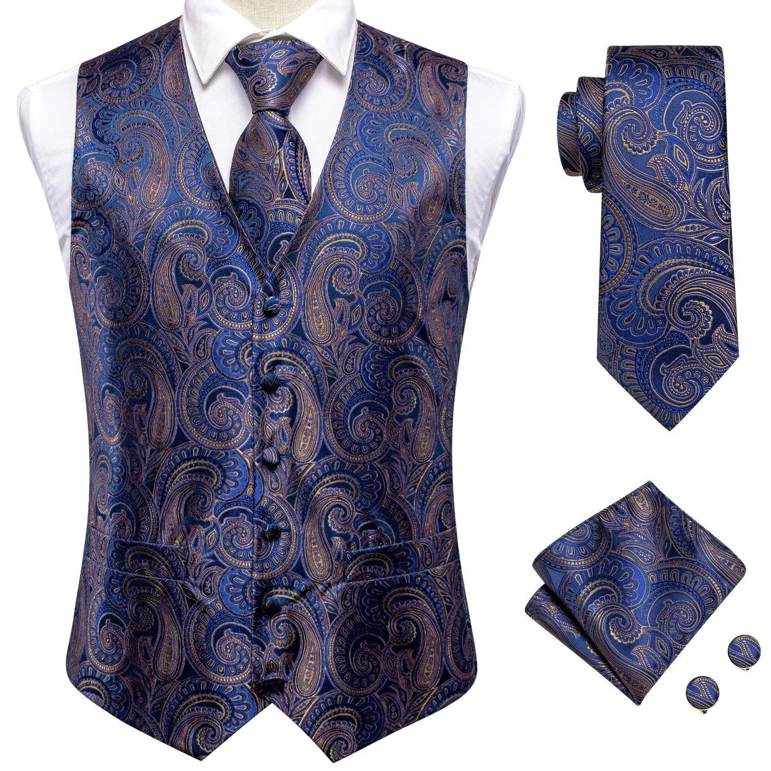 Blue Brown Paisley Jacquard Silk Men's Vest Hanky Cufflinks Tie Set