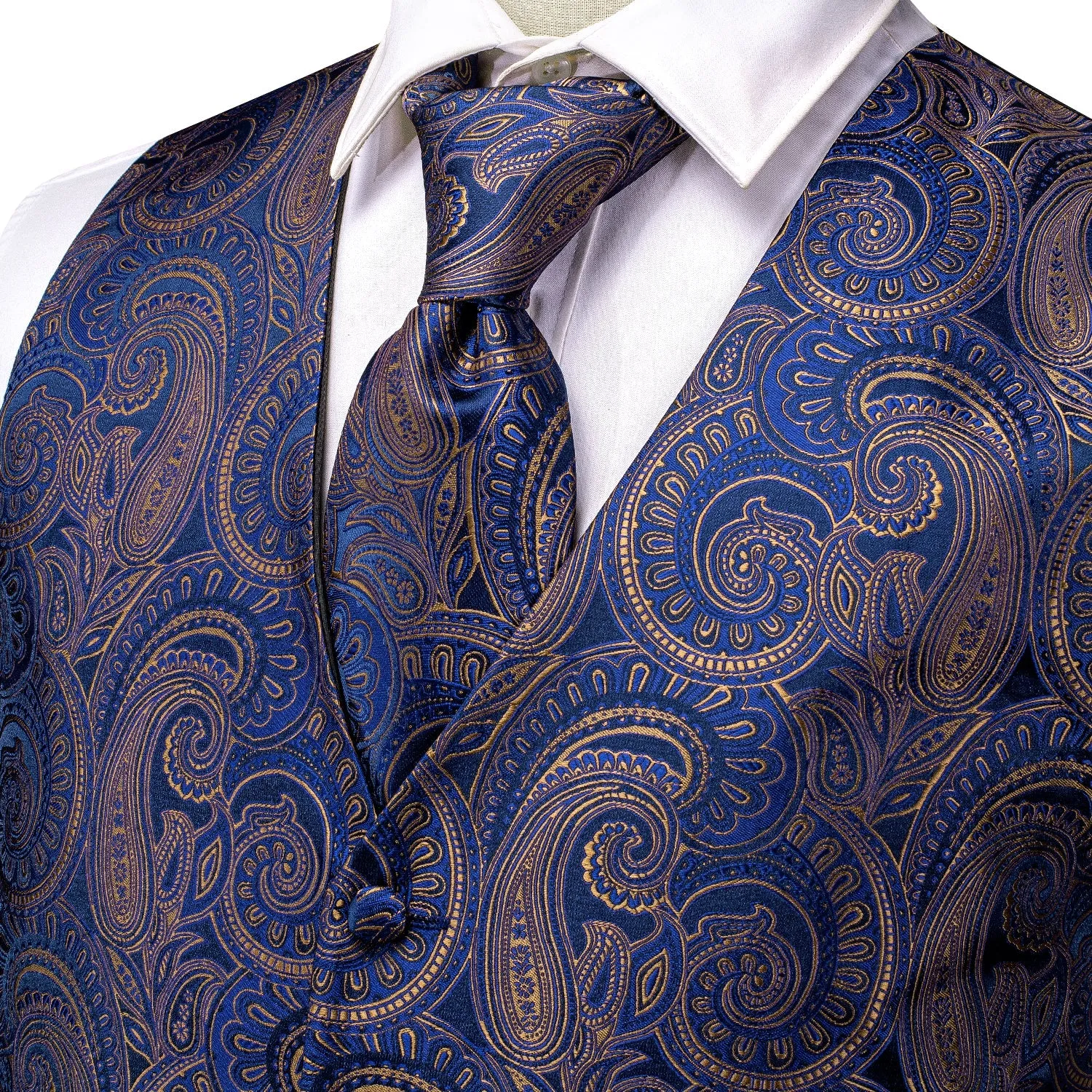 Blue Brown Paisley Jacquard Silk Men's Vest Hanky Cufflinks Tie Set