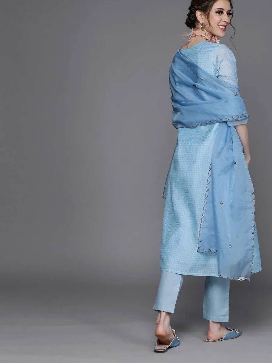 Blue Chanderi Cotton Solid Straight Cut Suit