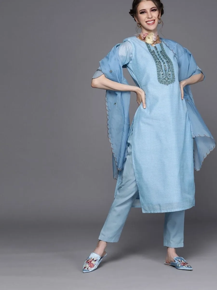 Blue Chanderi Cotton Solid Straight Cut Suit