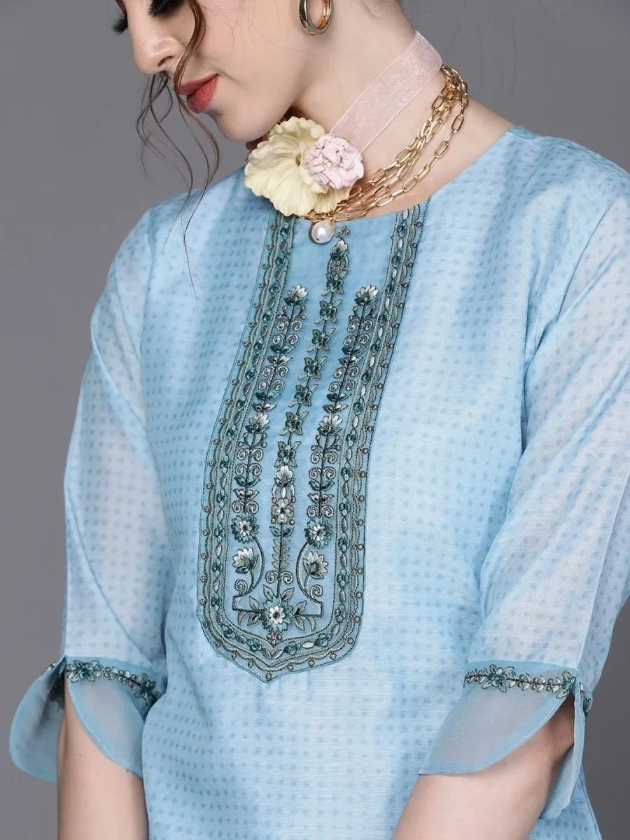 Blue Chanderi Cotton Solid Straight Cut Suit