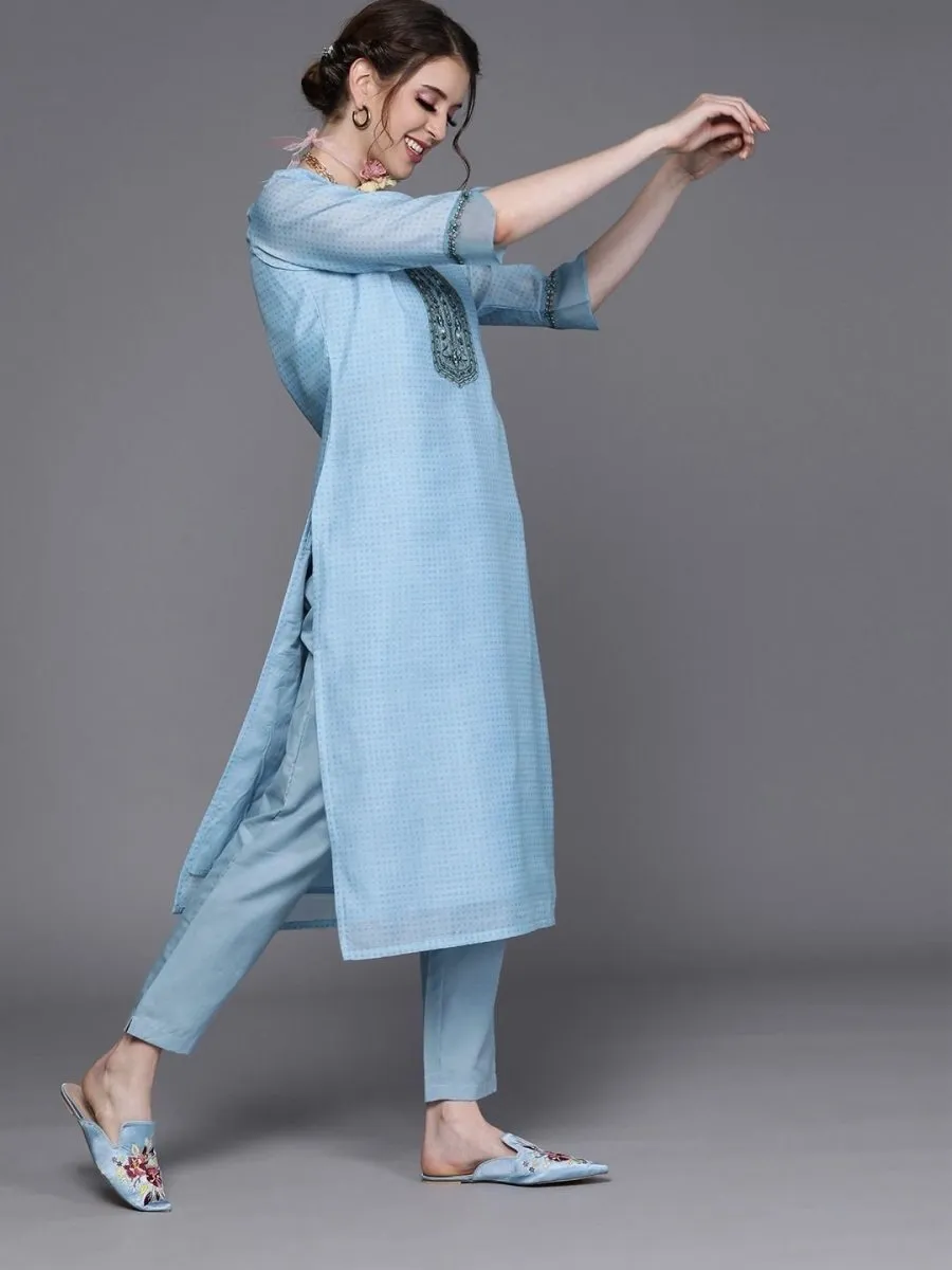Blue Chanderi Cotton Solid Straight Cut Suit