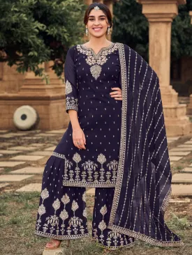 Blue Georgette Embroidered Partywear Palazzo Suit