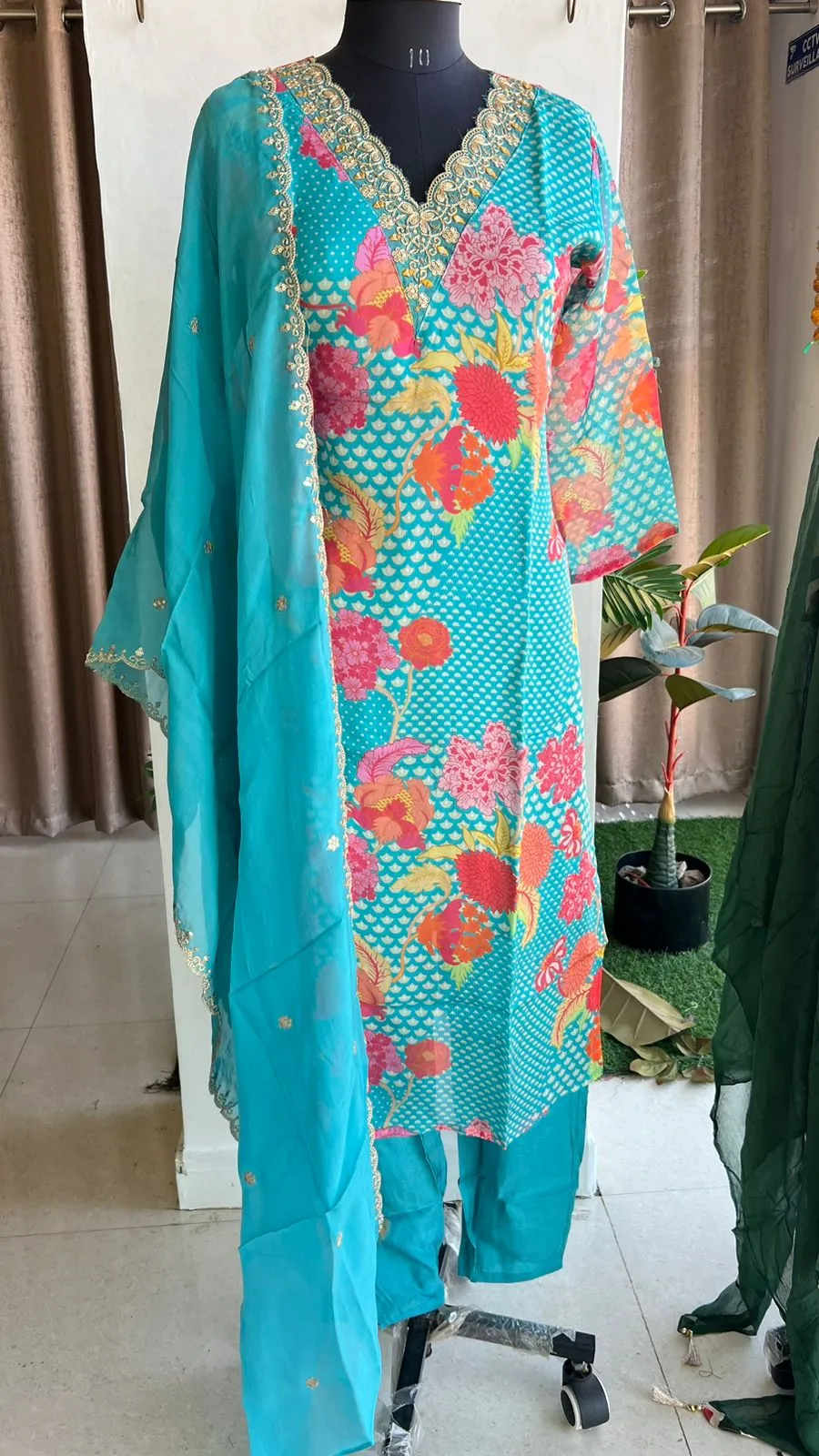 Blue organza embroidery 3 piece kurti suit