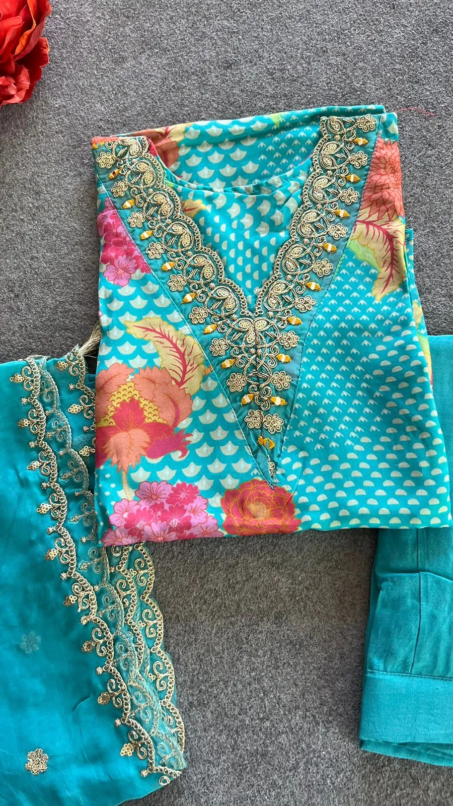 Blue organza embroidery 3 piece kurti suit
