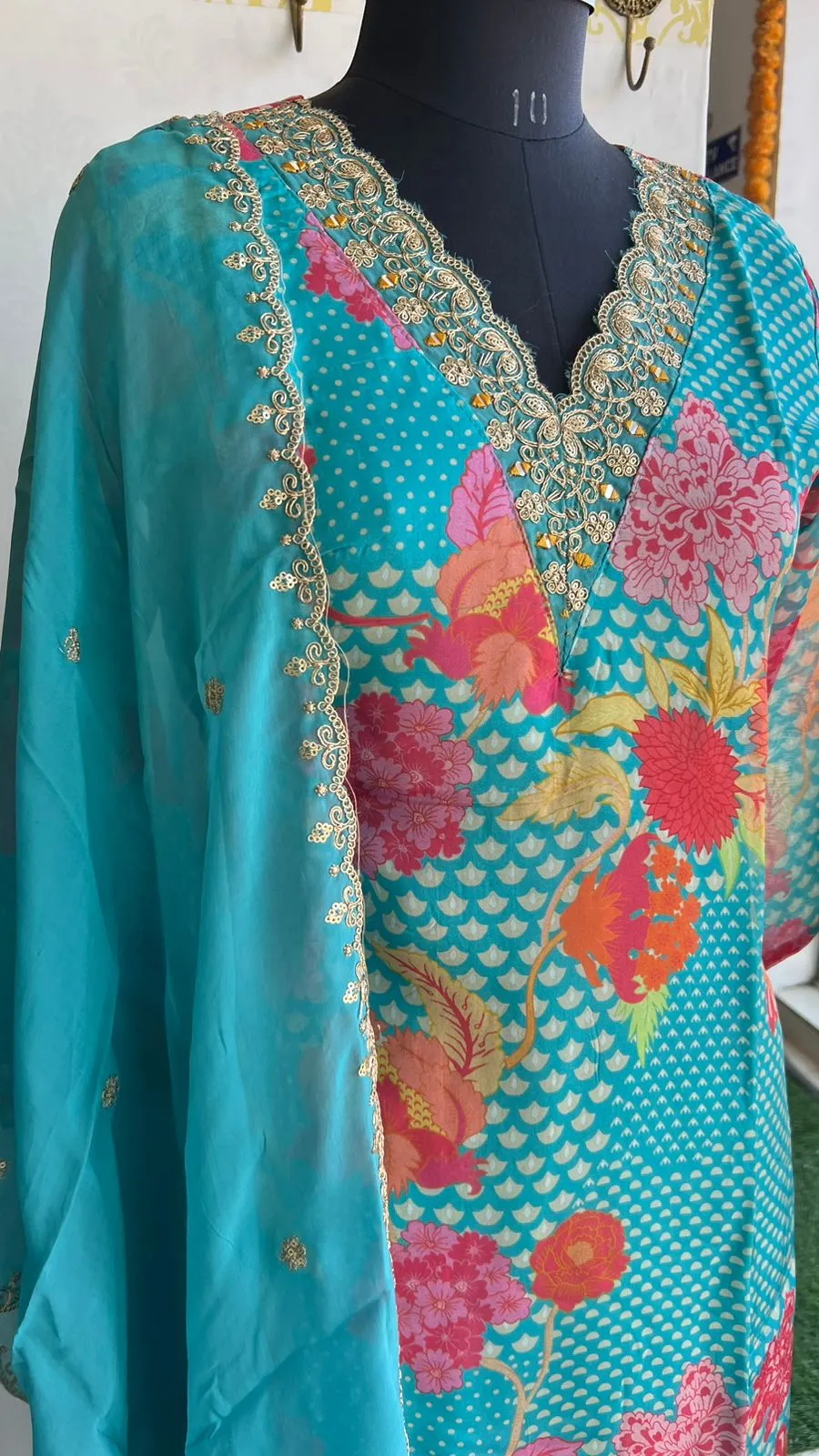 Blue organza embroidery 3 piece kurti suit