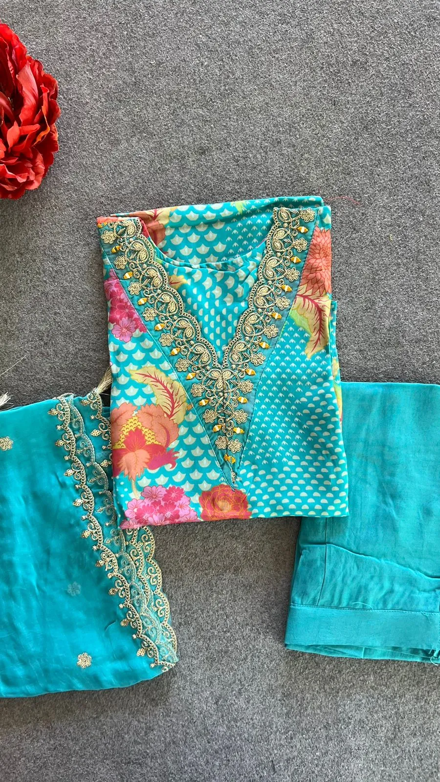 Blue organza embroidery 3 piece kurti suit