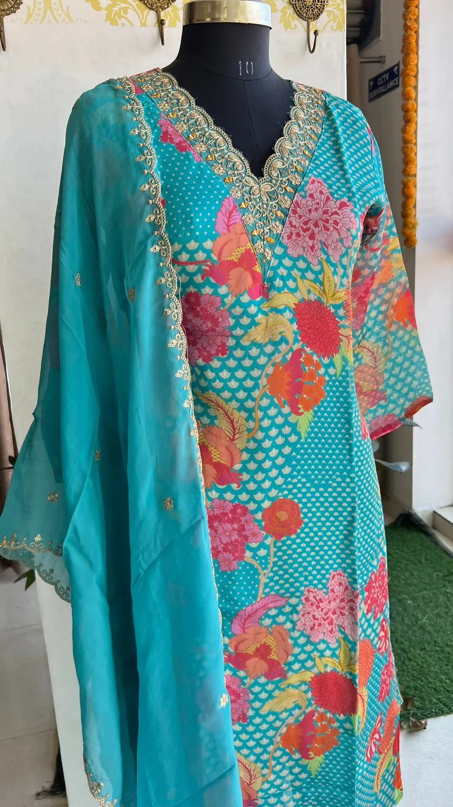 Blue organza embroidery 3 piece kurti suit