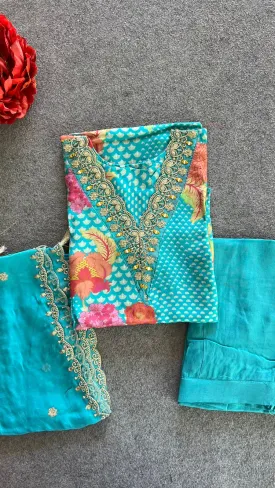 Blue organza embroidery 3 piece kurti suit