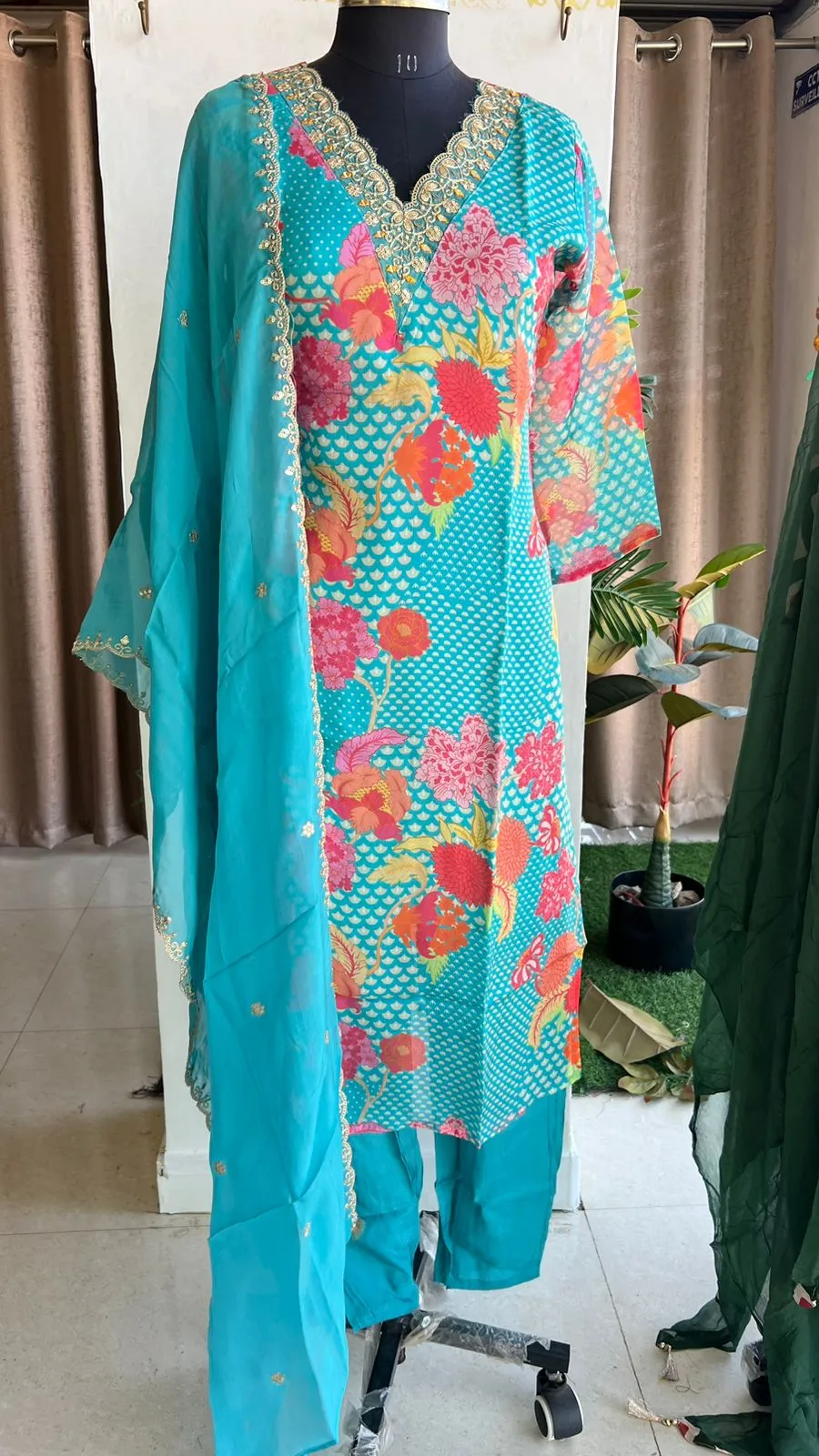 Blue organza embroidery 3 piece kurti suit