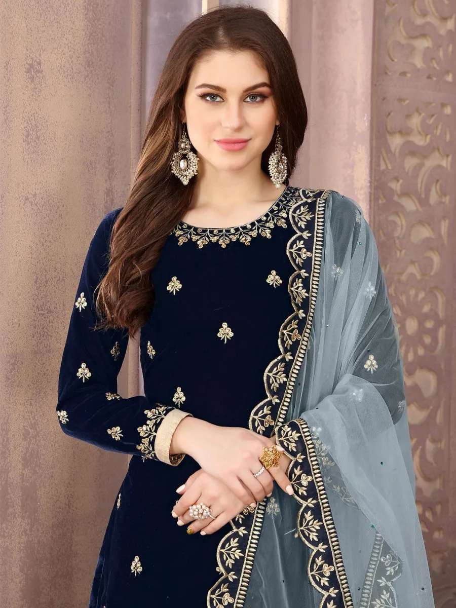 Blue Velvet Partywear Patiala Suit