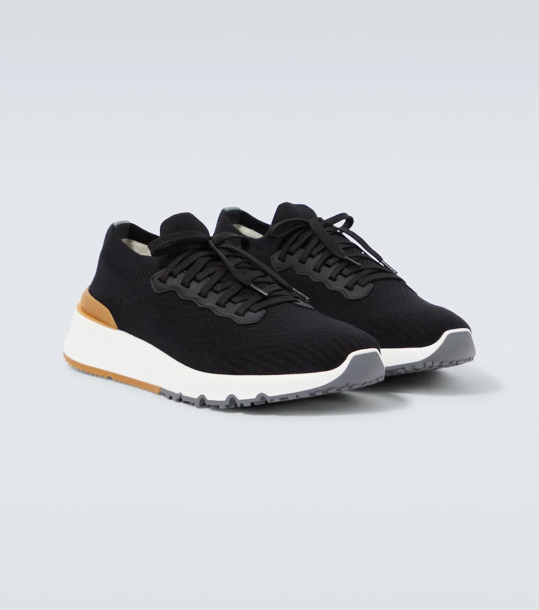 Brunello Cucinelli Knitted Sneakers with Leather Trim, Black