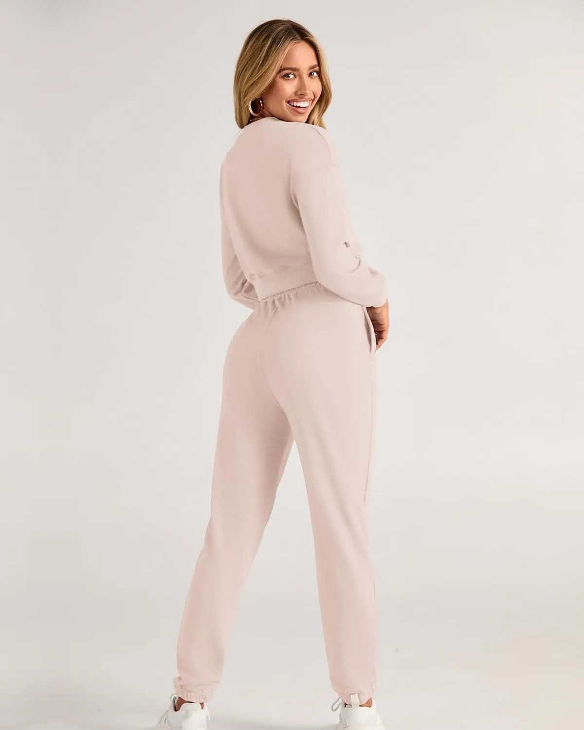 BTFBM Women 2 Piece Outfits Long Sleeve Crop Top Pullover Drawstring Pant Jogger Set Casual Sweatsuits Tracksuit Pockets