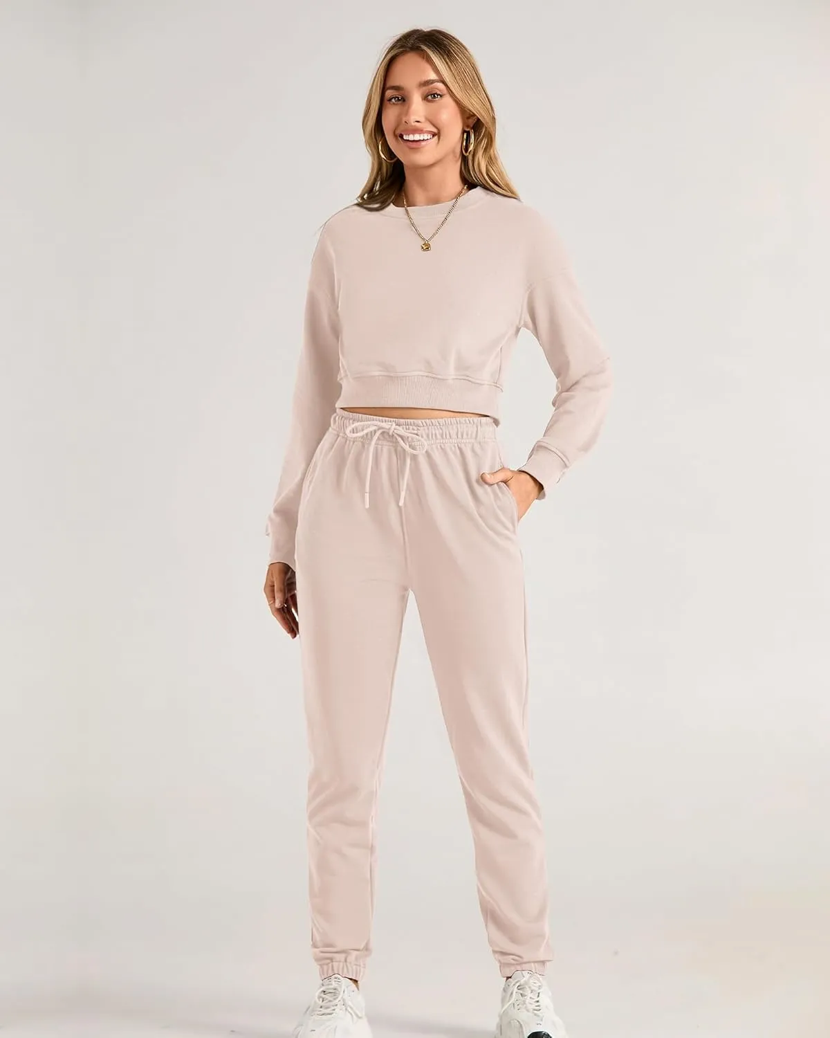 BTFBM Women 2 Piece Outfits Long Sleeve Crop Top Pullover Drawstring Pant Jogger Set Casual Sweatsuits Tracksuit Pockets