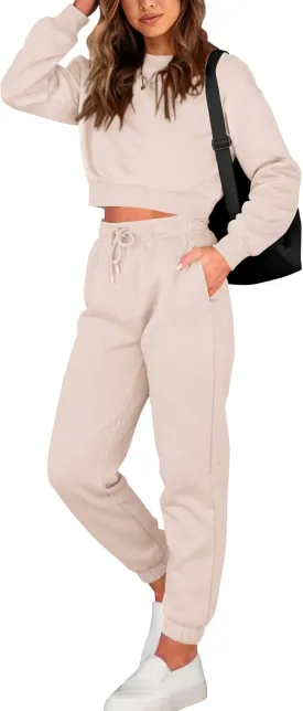 BTFBM Women 2 Piece Outfits Long Sleeve Crop Top Pullover Drawstring Pant Jogger Set Casual Sweatsuits Tracksuit Pockets